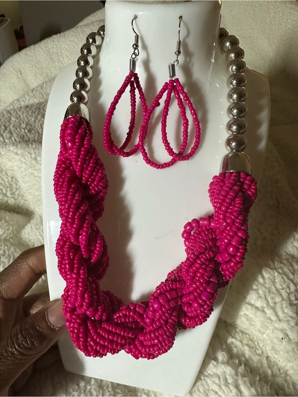 Handcrafted Hot Pink Beaded Necklace & Earrings Set